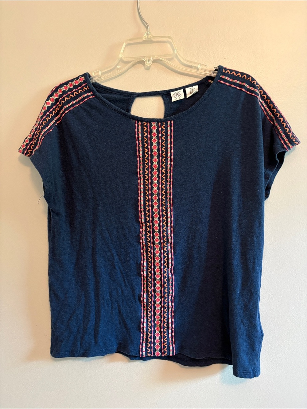 Artisan Ny Navy Short Sleeve Top with Pink Embroidery
